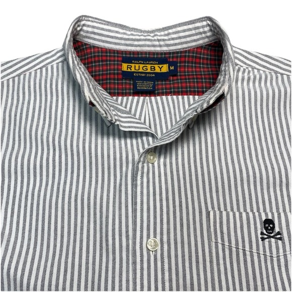 Ralph Lauren Rugby Shirt M Mens L/S OCBD Gray University Stripe Preppy Ivy